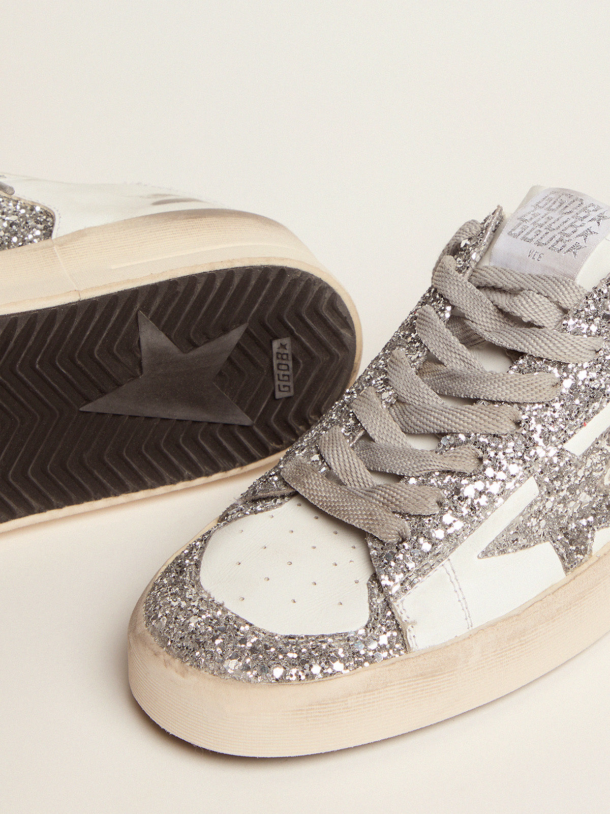 Stardan Sneakers, white leather & silver glitter