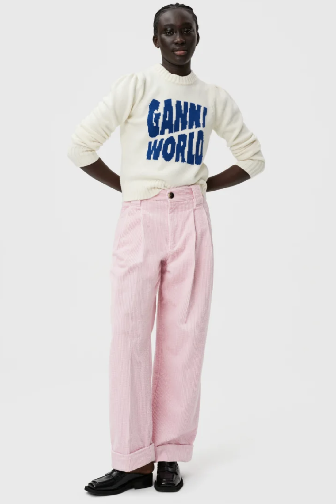 GANNI: Corduroy Loose Fit Mid Waist Pleat Pants, pink