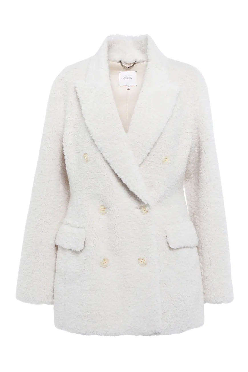 Faux-shearling double-breasted blazer, ivory
