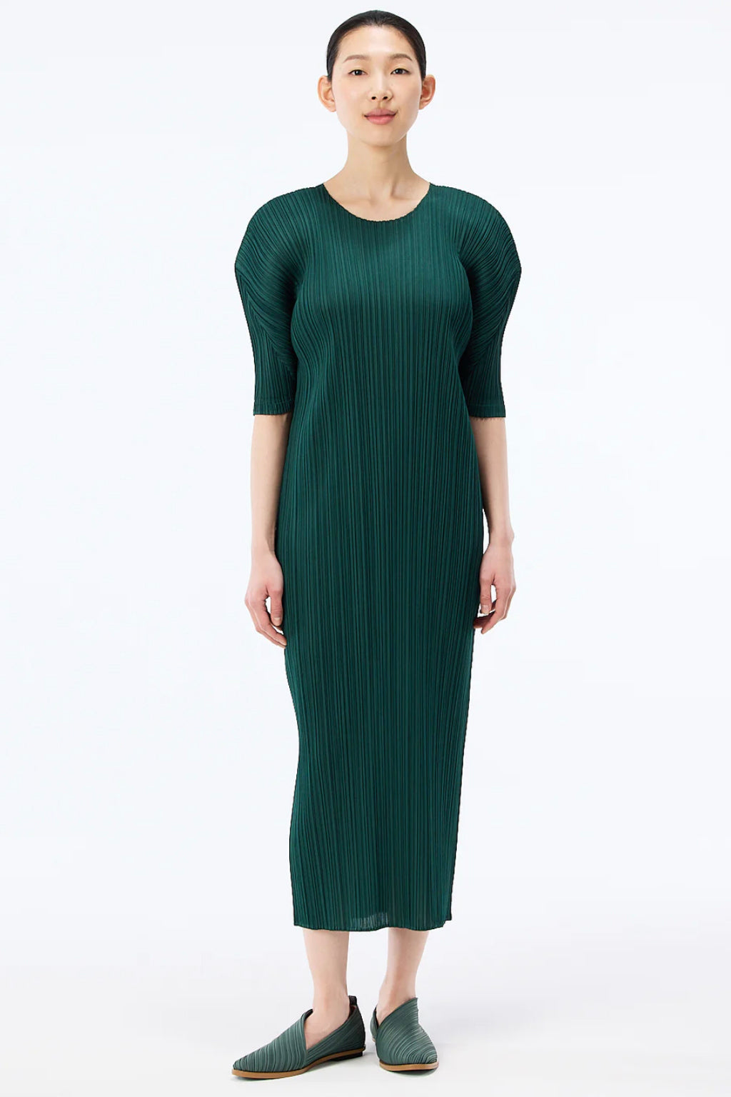 Pleated short-sleeve midi dress, green