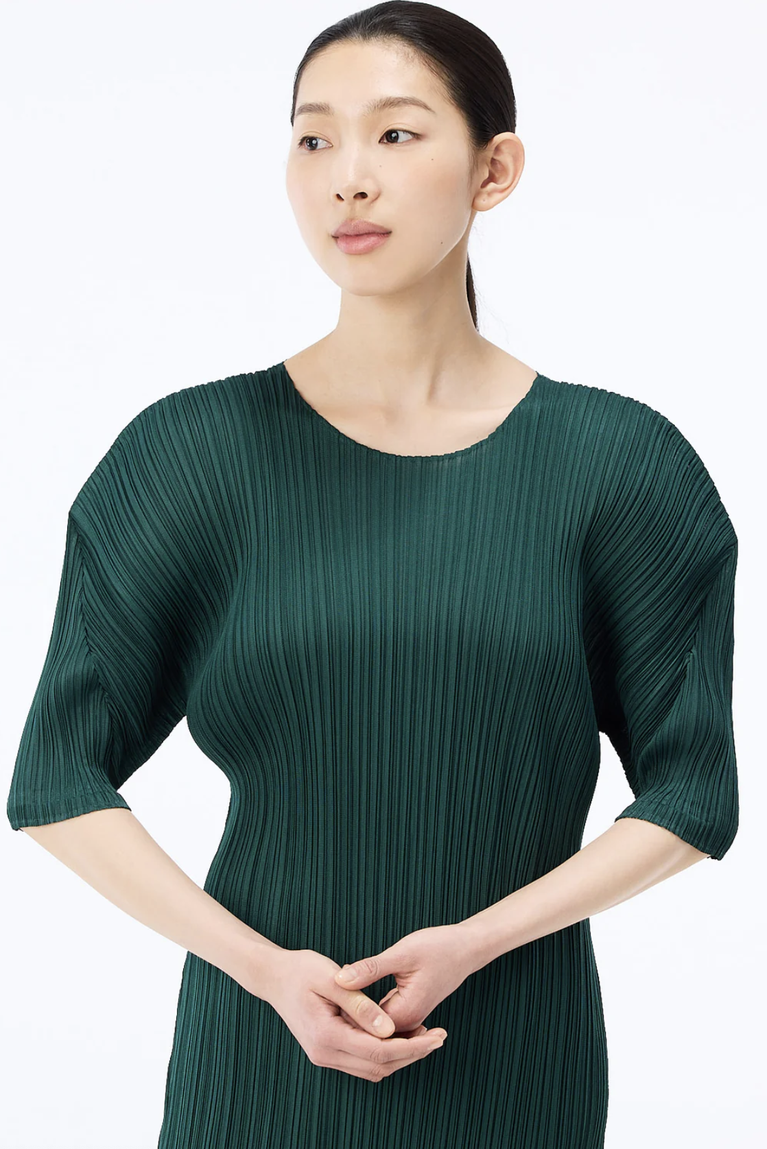 Pleated short-sleeve midi dress, green