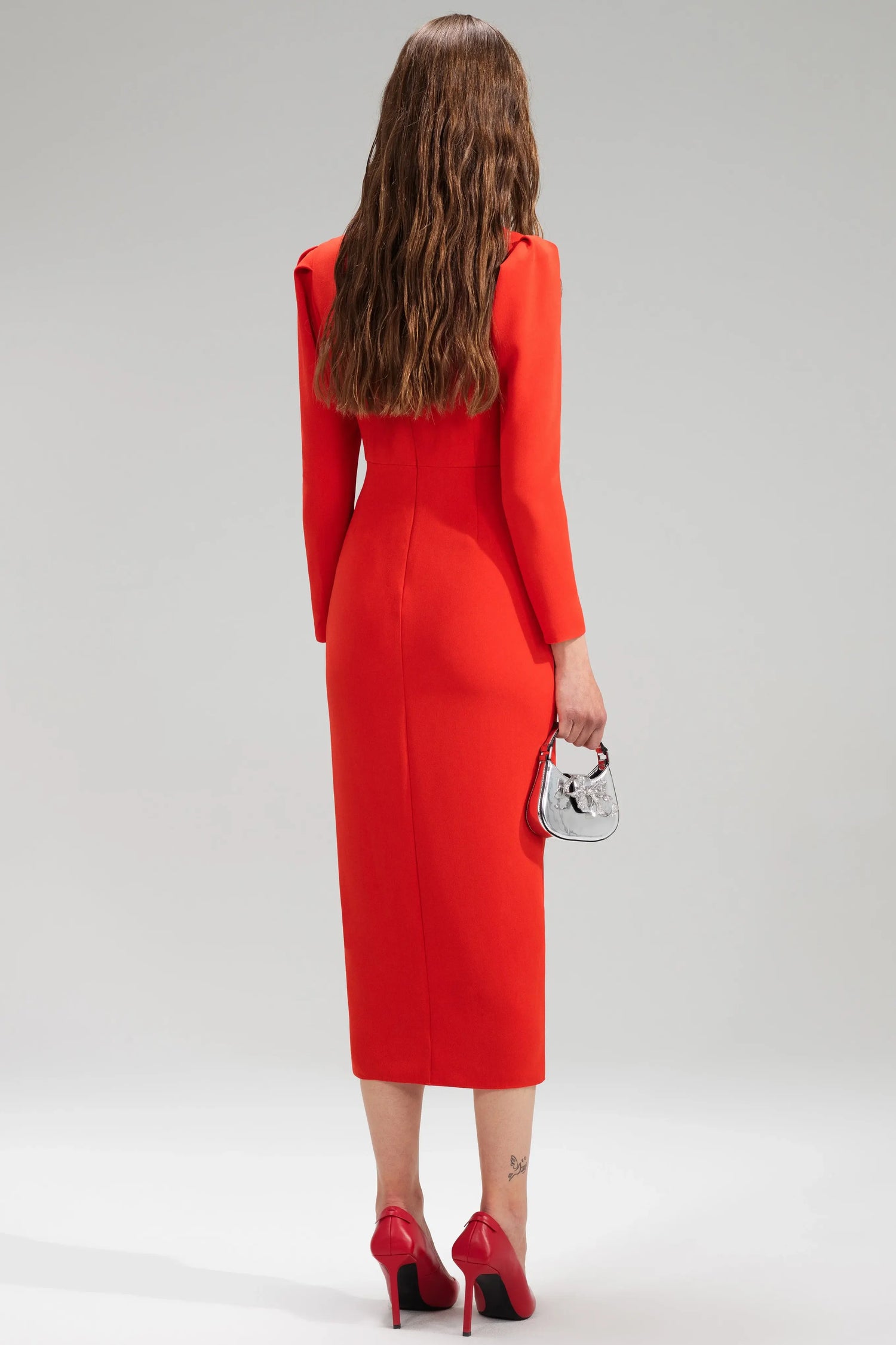 Crepe ruched midi dress, red