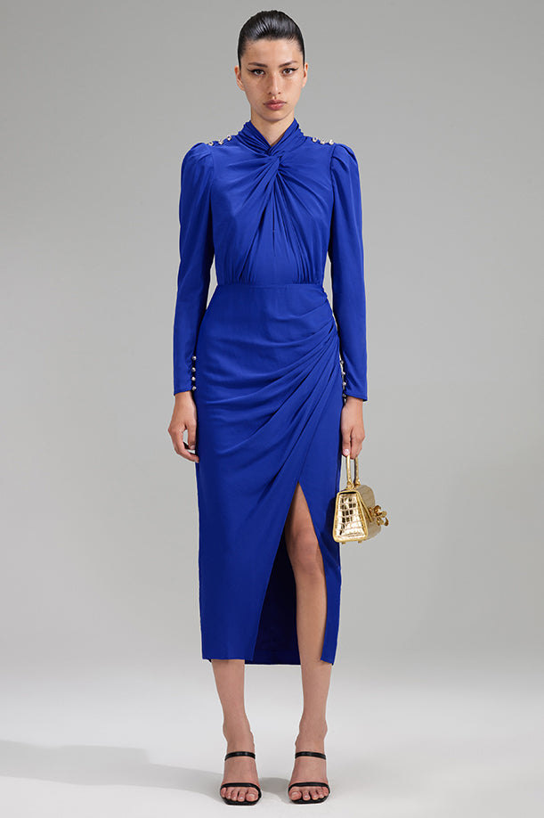 Twisted collar midi dress, blue