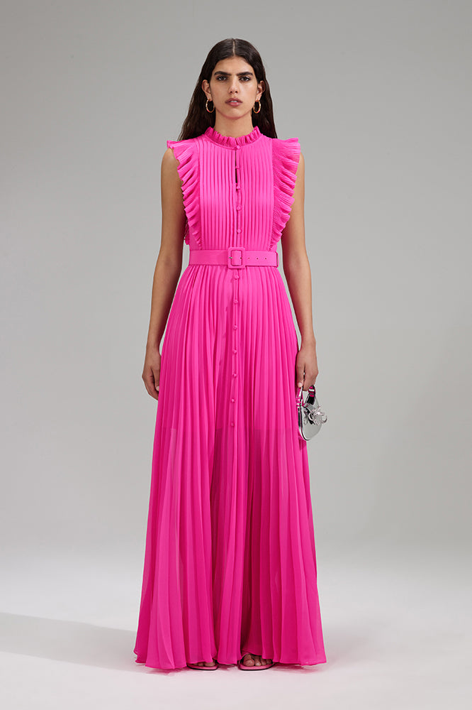 Chiffon sleeveless ruffle maxi dress, hot pink