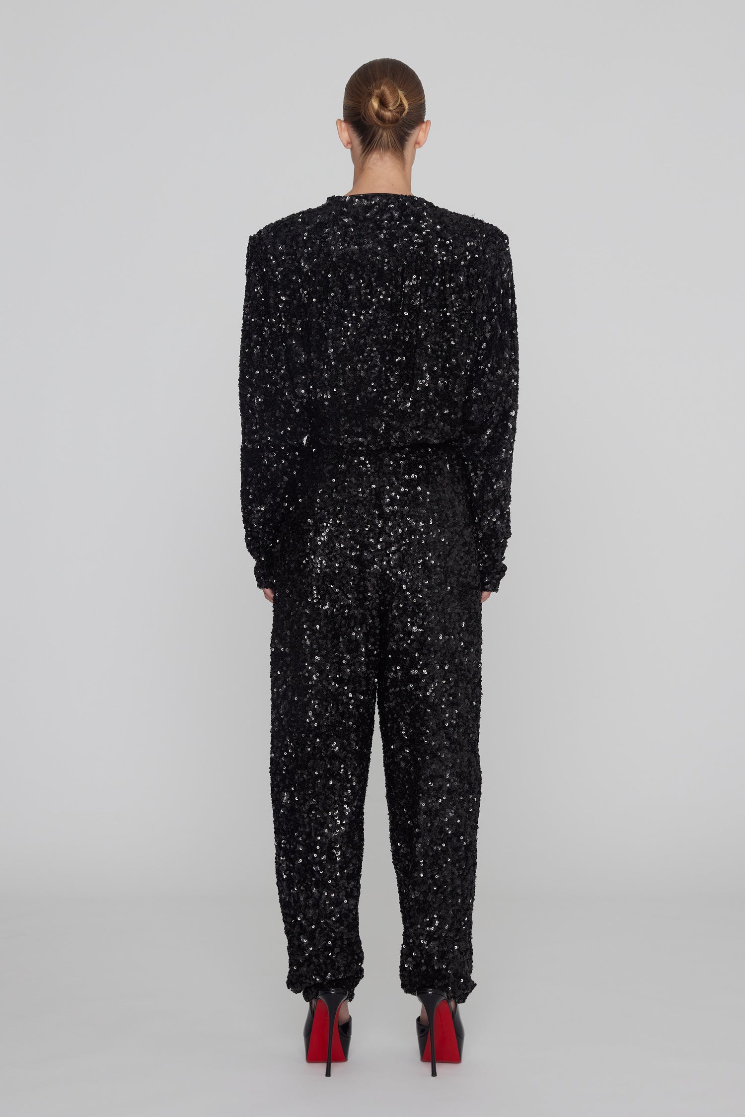 Sequin design tapered trousers, black