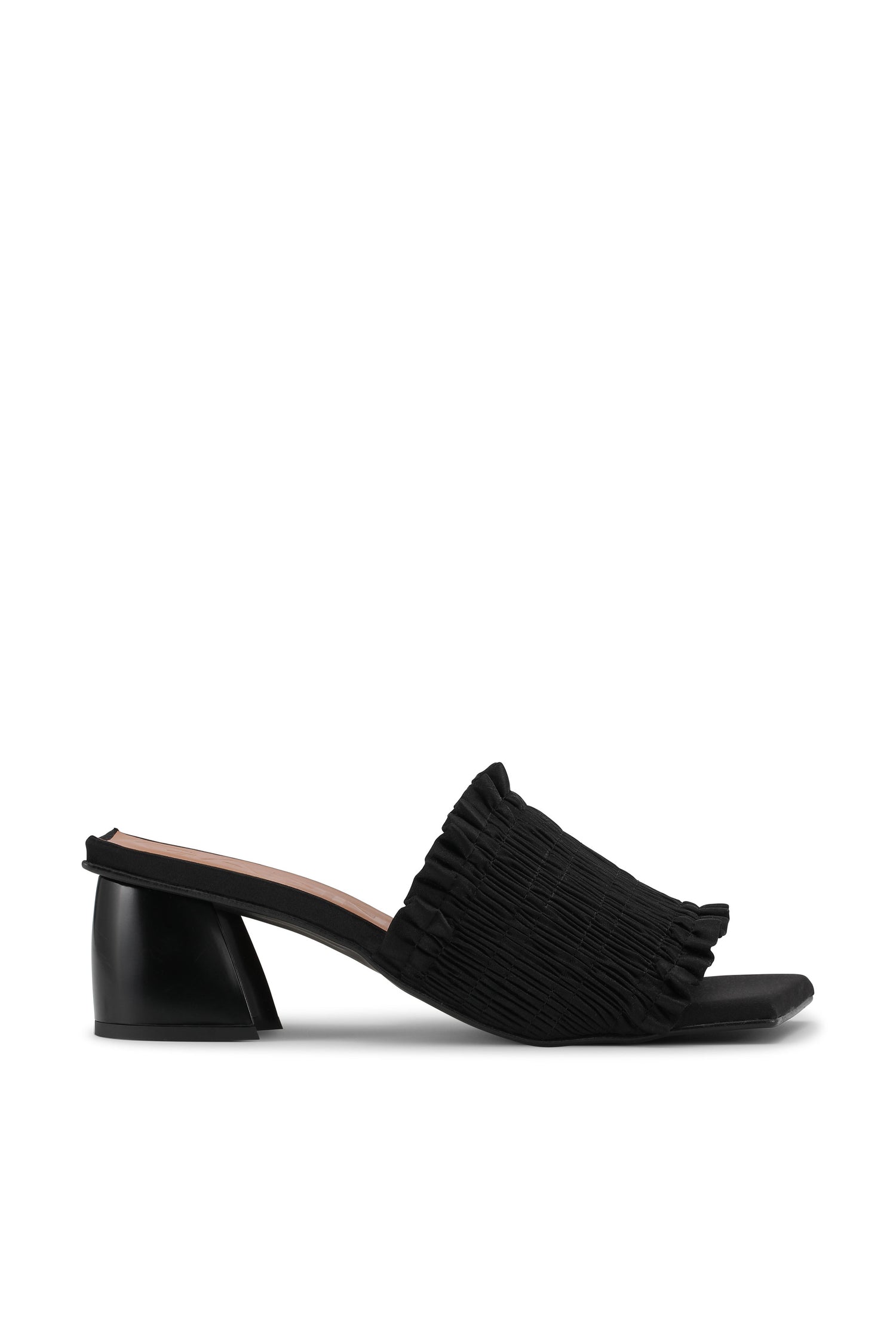 Smock kitten heel mules, black