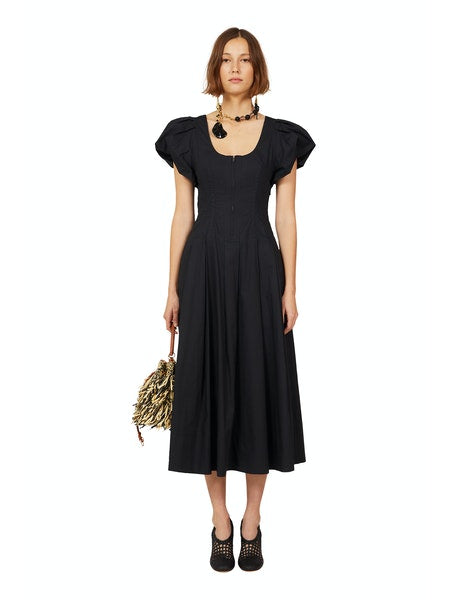 Malie puff-sleeve poplin midi dress, black