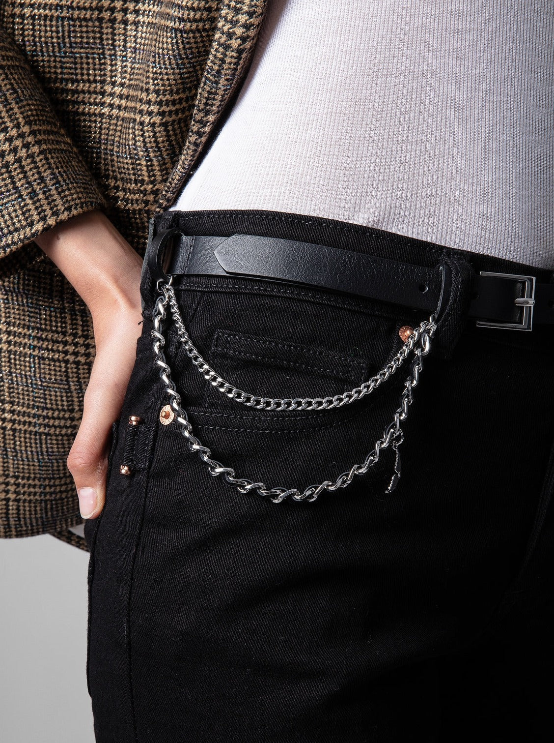 Rock chains leather belt in black/silver