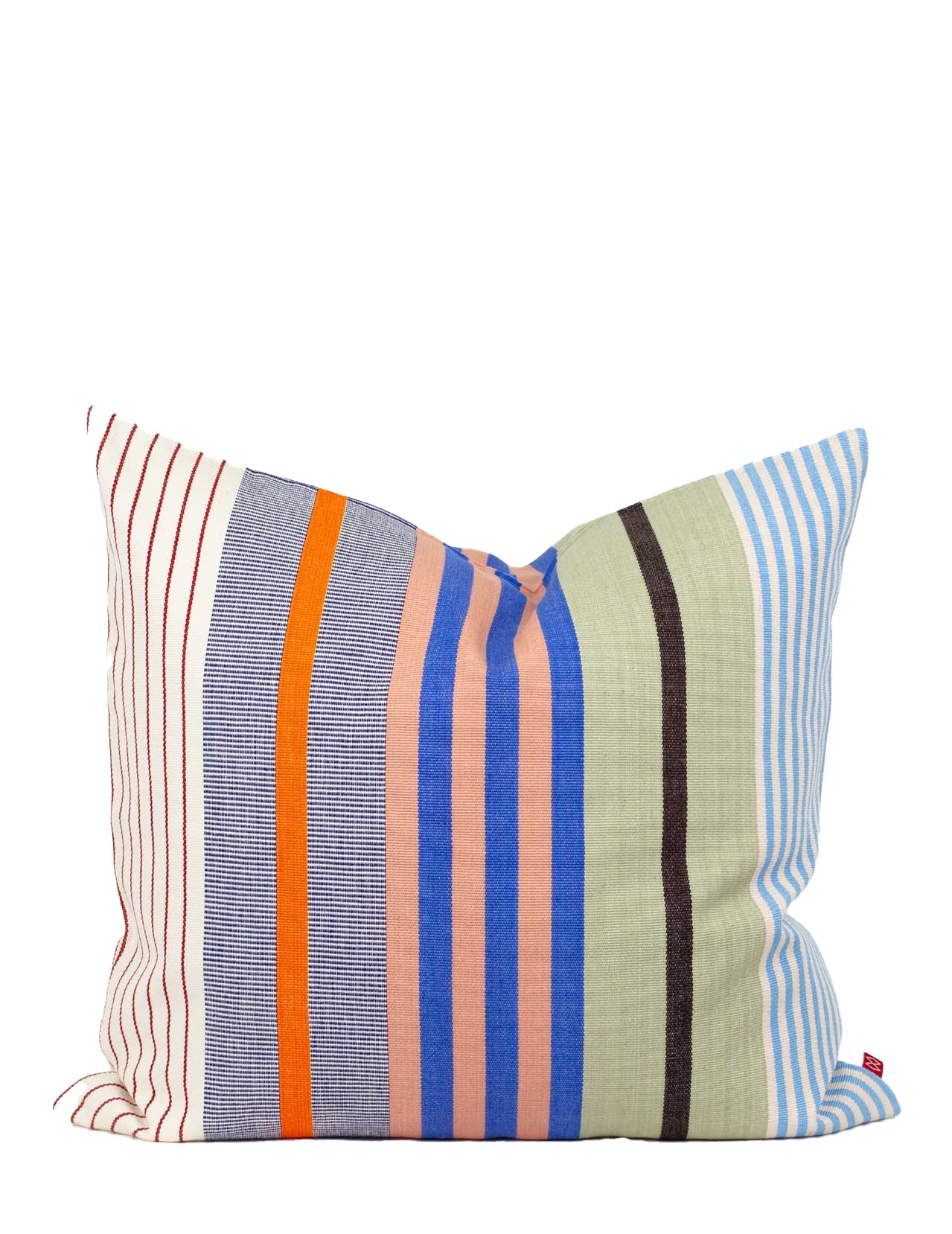 A striped multicolor cushion cover displayed on a white background