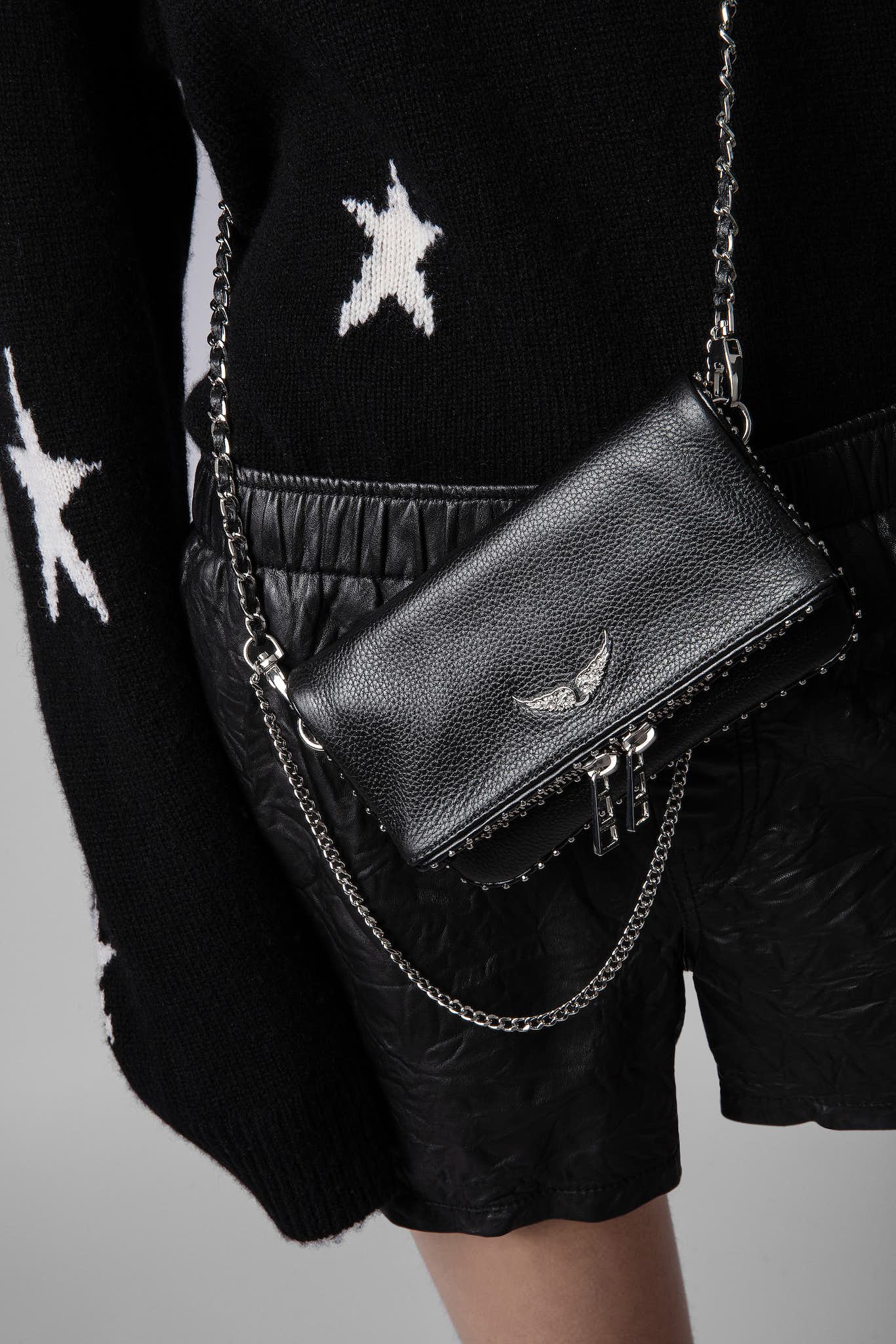 Rock Nano grained leather studs bag, black-silver